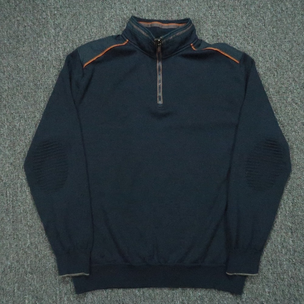 Orvis Sweater Mens Large Blue Merino Wool Commando Quarter‎ Zip Pullover Jumper